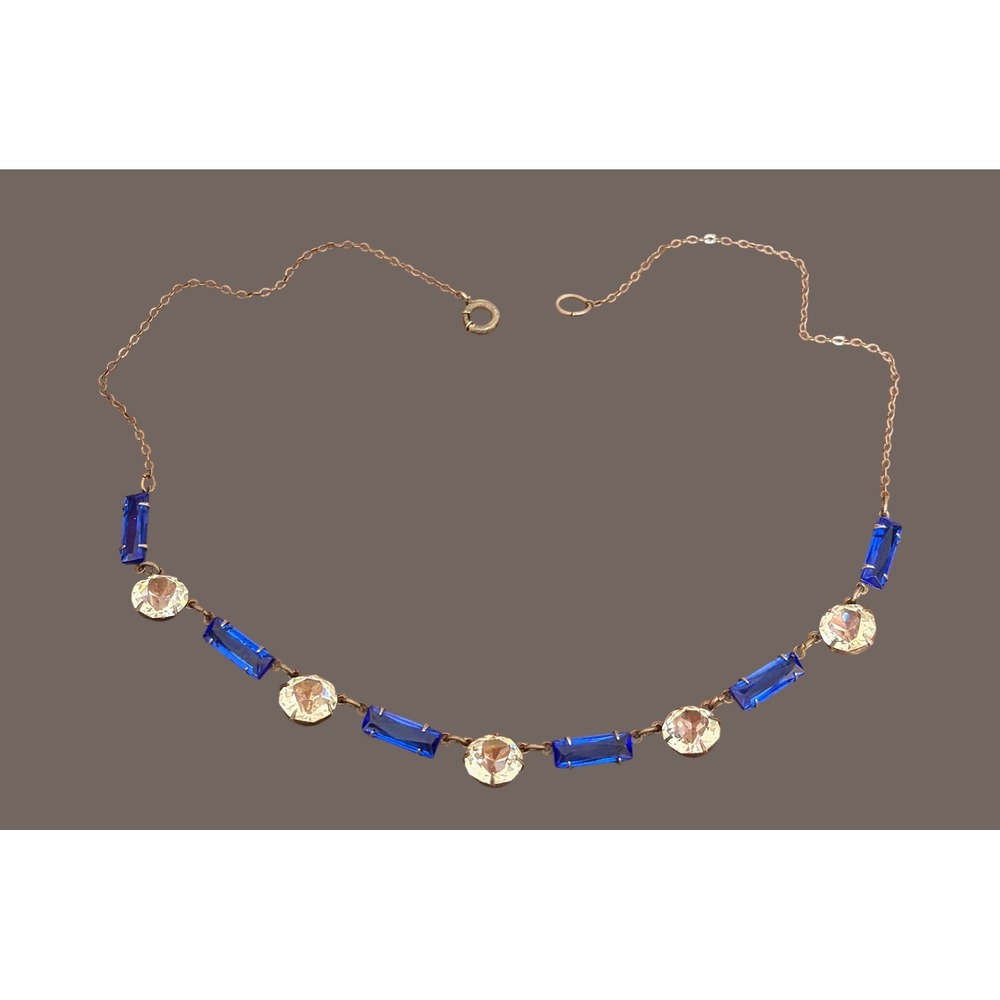 Vintage Art Deco 15" Blue Baguette and Clear Round Stone Necklace